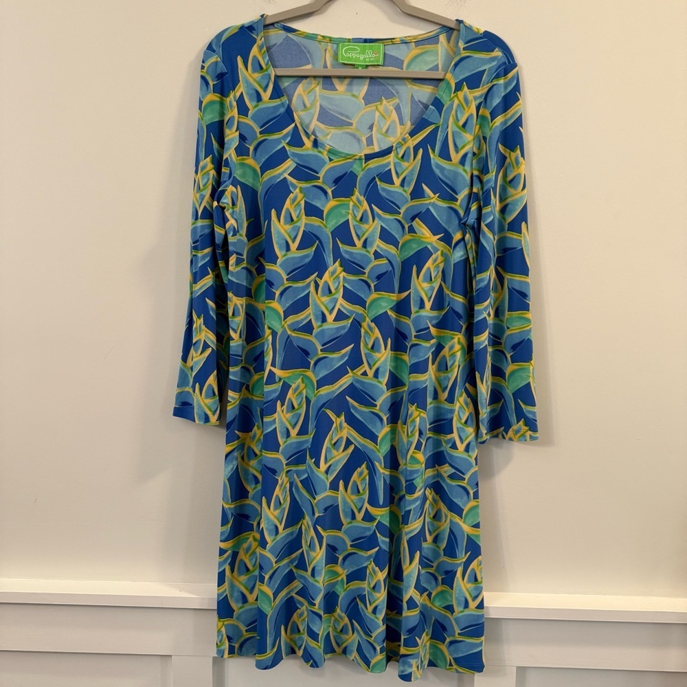Pappagallo Blue and Green Leaf Print Long Sleeve Dress